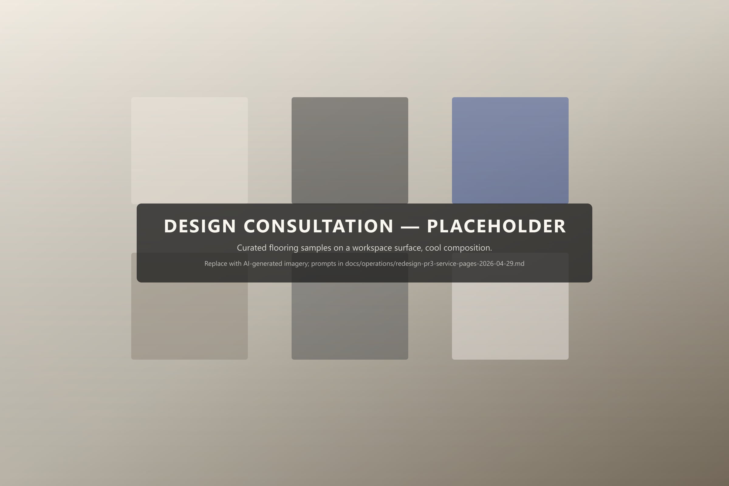 Curated set of flooring samples laid out on a workspace surface in cream, charcoal, and cool-blue tones.